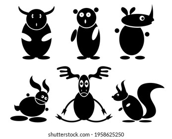 Set of six stylized funny hand-drawn animals. Bull, bear, rhino, rabbit, elk, squirrel.