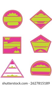 Set of Six Stylized Girl Scout Gold Award Inspired Emblems with Trefoil and Geometric Shapes in Pink and Lime Green