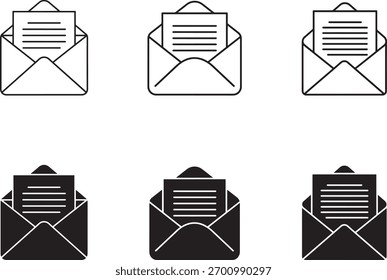 Set of six stylized icons representing an open envelope with a letter inside, in both outline and solid fill styles.