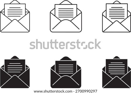 Set of six stylized icons representing an open envelope with a letter inside, in both outline and solid fill styles.