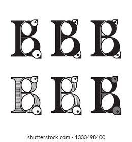 Set of six stylized letters B with birds. Lettering for use in design. Vector EPS10
