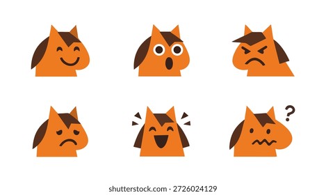 Conjunto de seis ícones estilizados de personagens de raposa laranja com várias expressões faciais, incluindo feliz, triste e irritado em um estilo vetor plano minimalista.