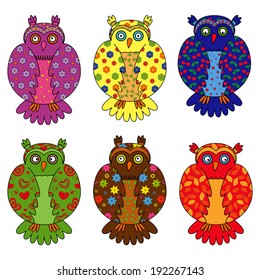 Set of six stylized owls painted by various floral and geometric ornaments, hand drawing cartoon vector illustration