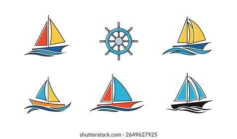 Conjunto de seis ícones estilizados do barco à vela e um emblema do volante do navio