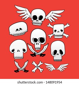 Set of six stylized skulls with bones, wings and swords