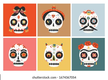 Set of six Sugar Skulls. Fancy skeleton heads. Various ornaments. Hand Drawn Vector illustration. Mexican Day of the Dead. Dia de los muertos. Halloween decoration. All elements are isolated