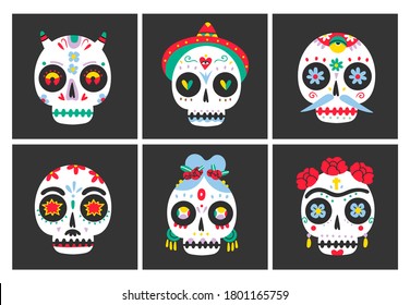 Set of six Sugar Skulls. Fancy skeleton heads. Various ornaments. Hand Drawn Vector illustration. Mexican Day of the Dead. Dia de los muertos. Halloween decoration concept. All elements are isolated