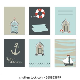 Set of six summer cards with beach huts. Stylish simple design. Vector illustration.