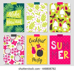 Set of six summer greeting cards with palm leaves, cockatoo, butterfly, papaya, flowers, dragon fruit, cocktail, coconut, bamboo. Hand drawn letters.