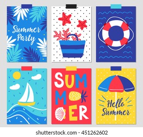 Set of six summer greeting cards with palm leaves, bag, starfish, coral, lifebuoy, sailing boat, beach umbrella and hand drawn letters.