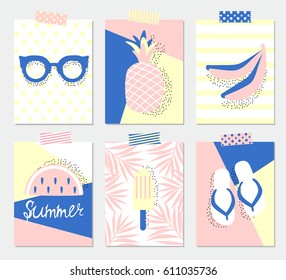Set of six summer greeting cards with pineapple, watermelon, ice cream, beach sandals, palm leaves, bananas and sunglasses. Poster design templates.