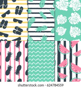 Set of six summer patterns with leaves, pineapples, lines and other