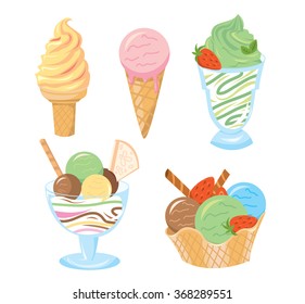 Set of six sweet delicious ice-creams and sundaes in different tastes: pistachio, strawberry, vanilla and chocolate.