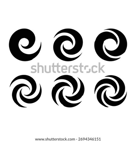 A set of six swirling vortex icons, perfect for representing dynamic movement and flowing energy. Isolated on a white background, these icons are versatile for various design projects.