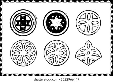 Set of six symbols used on leather garments from northeastern Brazil. Moorish origin. Woodcut style