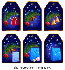 Set of six tags for Christmas sale of goods. Within the frames are located Christmas attributes.