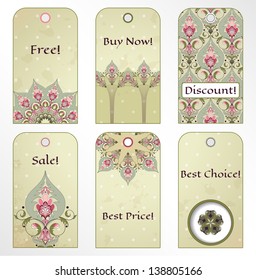 Set of six tags with oriental pattern. Old paper, polka dots and stains. Place for your text.