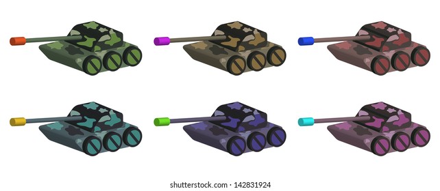 Set of six tanks camouflaged in various colors