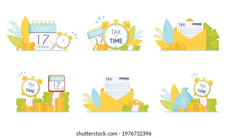 Set of six Tax time illustrations. Vector illustration 