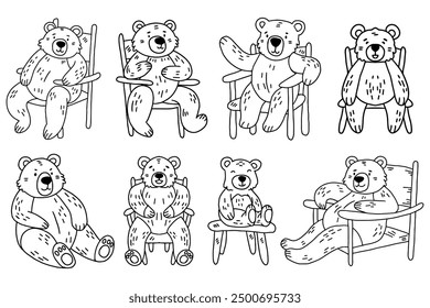 A set of six teddy bears are sitting in chairs. The chairs are of different sizes and styles. The bears are all smiling and seem to be enjoying their time. Scene is cheerful and lighthearted