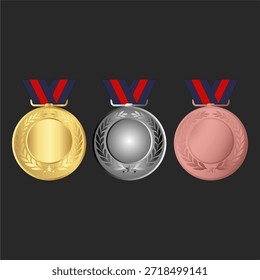 Set of six template medal designs isolated on a white background. Collection of realistic award medals in different styles, including classic gold, bronze, modern, shield, royal and futuristic designs. Perfect for sports competitions, achievements, championships, rewards, UI design, games, certificates, and branding projects.