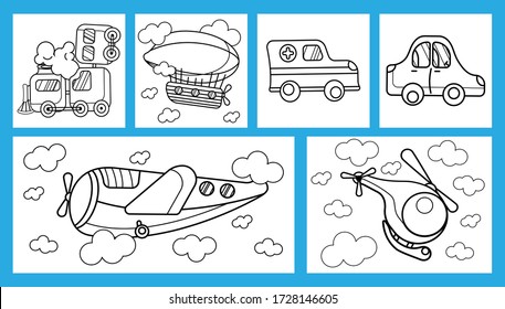 set of six templates for baby coloring. illustration with a land and air transport. linear style