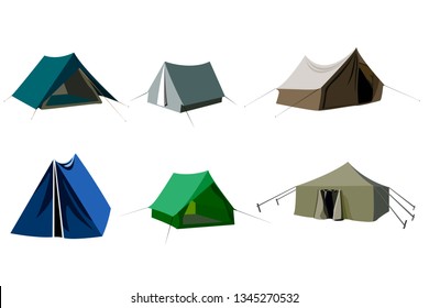 Set of six tents of different shapes and colors. On white background.