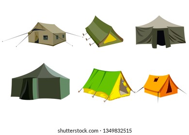 Set of six tents of different shapes and colors. On white background.