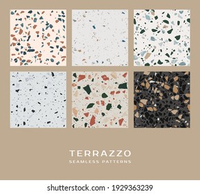Set of six terrazzo seamless patterns. Vector texture of mosaic floor with natural stones, granite, marble, quartz. Trendy repeat design for ceramic, home decor, print.