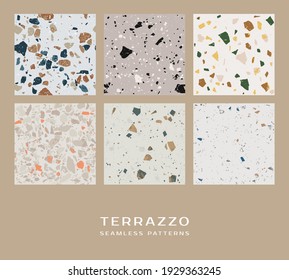 Set of six terrazzo seamless patterns. Vector texture of mosaic floor with natural stones, granite, marble, quartz. Trendy repeat design for ceramic, home decor, print.