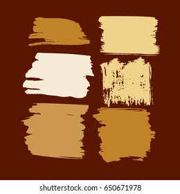 Set of six textured banners, buttons, hand painted vector backgrounds. Brown, yellow, white brush backdrops. Dirty grunge artistic design elements, scribble or text backgrounds. Hipster style stains.