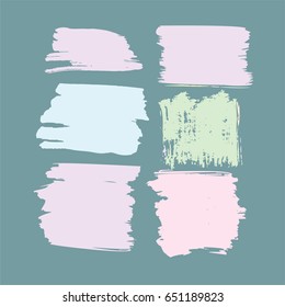 Set of six textured banners, buttons, hand painted vector backgrounds. Pink, green, blue brush backdrops. Dirty grunge artistic logo design elements, scribble or text backgrounds. Hipster style stains