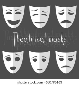 A set of six theatrical masks with different emotions