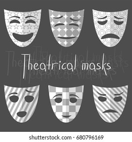 A set of six theatrical masks with different emotions