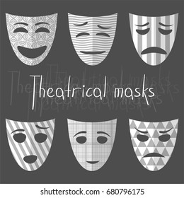 A set of six theatrical masks with different emotions