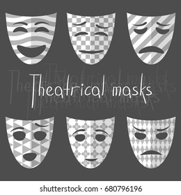 A set of six theatrical masks with different emotions
