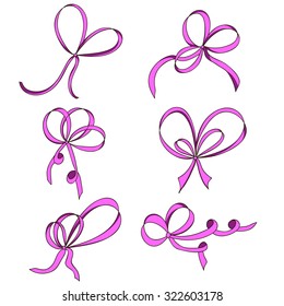 A set of six thin bows. Pink. Isolated on white background. Hand drawn.  Design element for invitation, gift, greeting card, website, etc. Vector illustration.