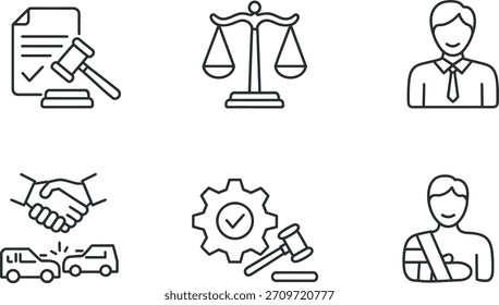 Conjunto de seis ícones de linha fina que representam temas legais como contrato, escala da justiça, cliente, resolução de acidentes de carro, processo legal e vítima de lesões.
