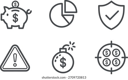 Conjunto de seis iconos de línea delgada que representan las finanzas, la seguridad, el riesgo y los conceptos de objetivo como hucha, gráfico circular, escudo, advertencia, bomba y objetivo de moneda.