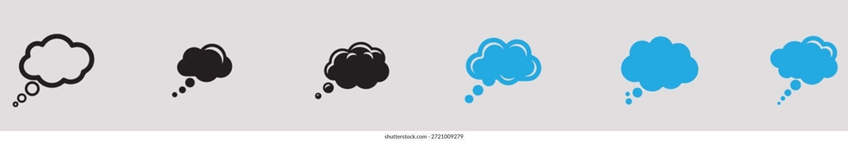 Un conjunto de seis iconos de la burbuja del pensamiento en negro y azul sobre un fondo gris para la comunicación y la representación del diálogo