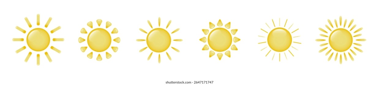 A set of six three dimensional, cartoon sun icons on a transparent background. A collection of cartoon suns with highlights. Logo, sun sticker. The concept of summer and weather. Vector EPS 10.