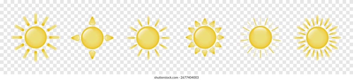Un conjunto de seis iconos de sol de dibujos animados tridimensionales sobre un fondo blanco. Una colección de soles de dibujos animados con reflejos. Logotipo, etiqueta engomada del sol. Vector 10.