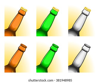 Set of six tilted beer bottle necks, with and without caps. All elements sorted and grouped in layers