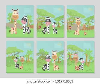 Set of six title pages for exercise book notebook design. Collection of color covers for notepad with African landscape giraffe and Zebra-vector illustration.