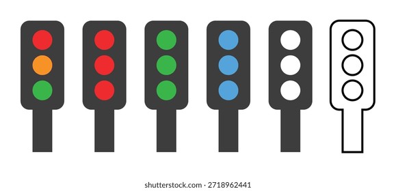 Un conjunto de seis semáforos con varias luces de colores que incluyen rojo, verde, azul y blanco en diferentes combinaciones y un simple dibujo de líneas