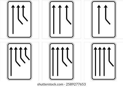 Set of six traffic signs indicating different lane configurations and merging possibilities for drivers.