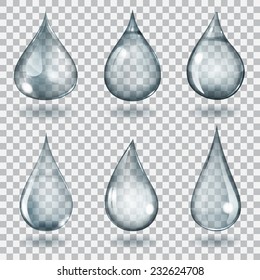 Set of six transparent drops of different forms in gray colors