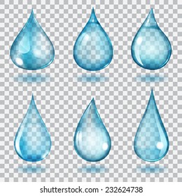 Set of six transparent drops of different forms in blue colors