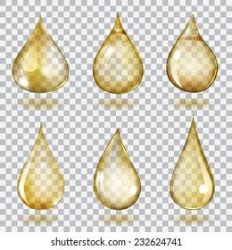 Set of six transparent drops of different forms in yellow colors