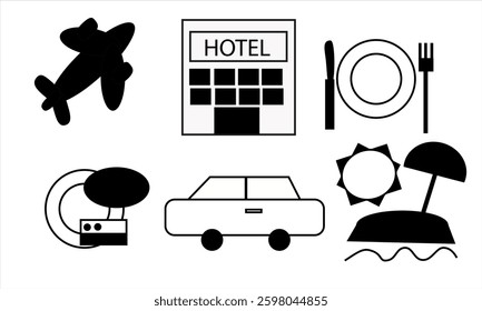 A set of six travel icons: flight, hotel, restaurant, snack, rent a car and package tour. The icons are black and white, isolated on a white background.